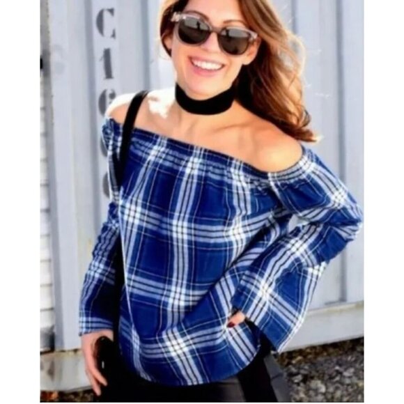 Cloth & Stone Blue Plaid Off The Shoulder Homestead Top Anthropologie Size Med‎ - Picture 1 of 10